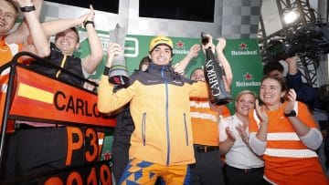 Carlos Sainz, McLaren, celebrates on the podium