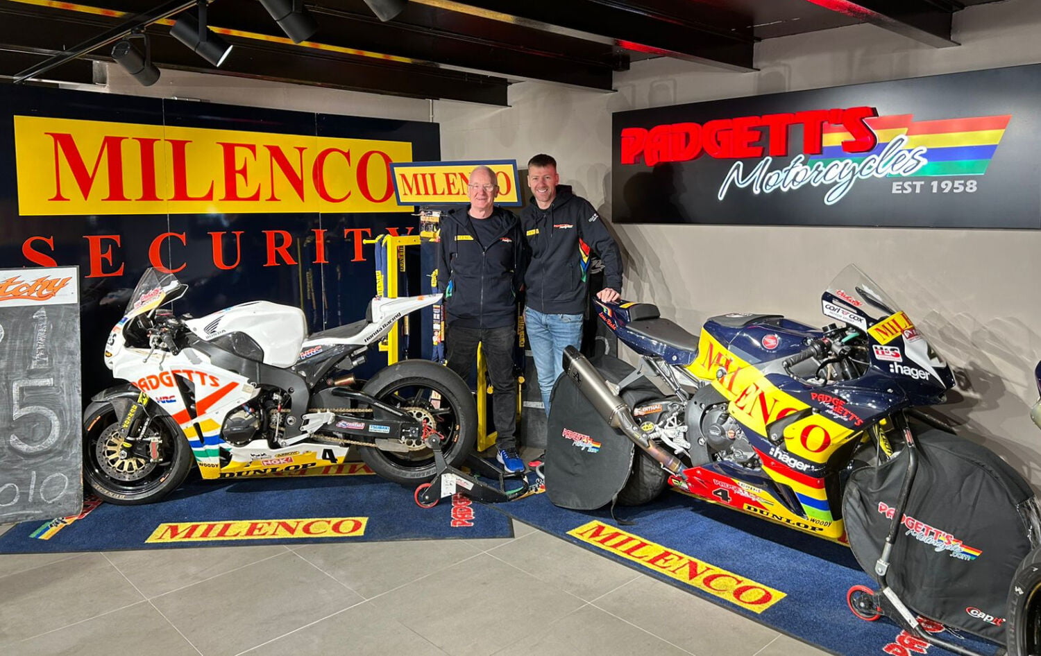 Clive Padgett and Ian Hutchinson with his 2010 winning bike and the new Milenco Padgetts Honda.