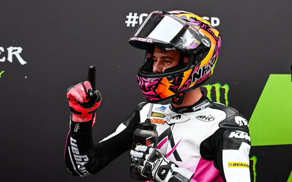 Ivan Ortola celebrating pole position in Spain